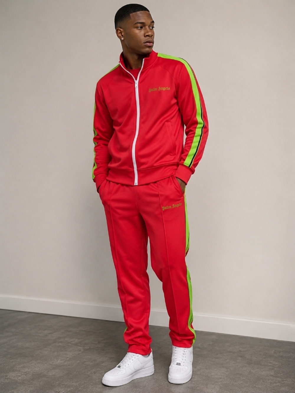 Palm Angels Red Track Jacket with Lime Side Stripes